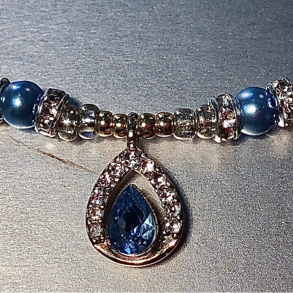 Hand Crafted Jewelry - HAND CRAFTED Silver Gold Blue rhinestone pendant necklace Upcycled  Vintage